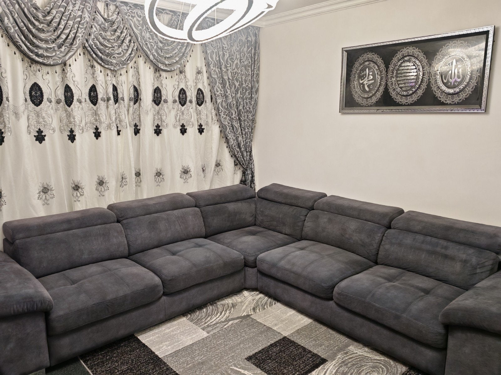 suède hoekbank antraciet (3x3m + losse fauteuil), Ophalen, Zo goed als nieuw, Stof, Modern, Comfortabel