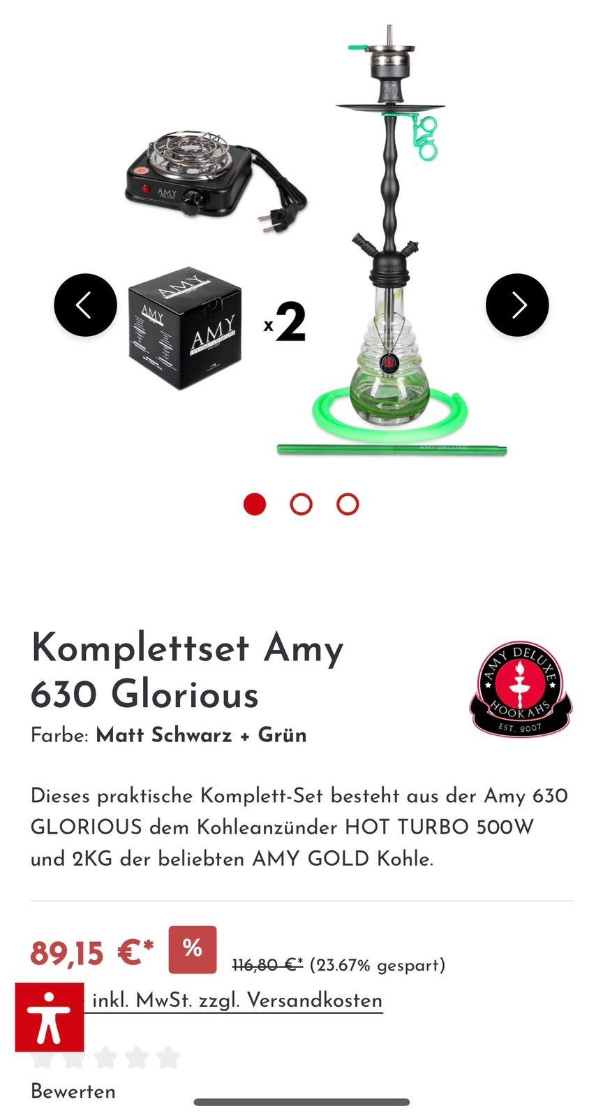 Shisha/waterpijp set Amy Deluxe Glorious 360 met accessoires, Ophalen, Zo goed als nieuw, (Water)pijp