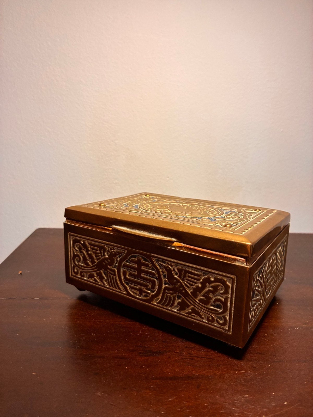 Antieke Messing Doos met Draken- en Bloemmotieven, Ophalen of Verzenden