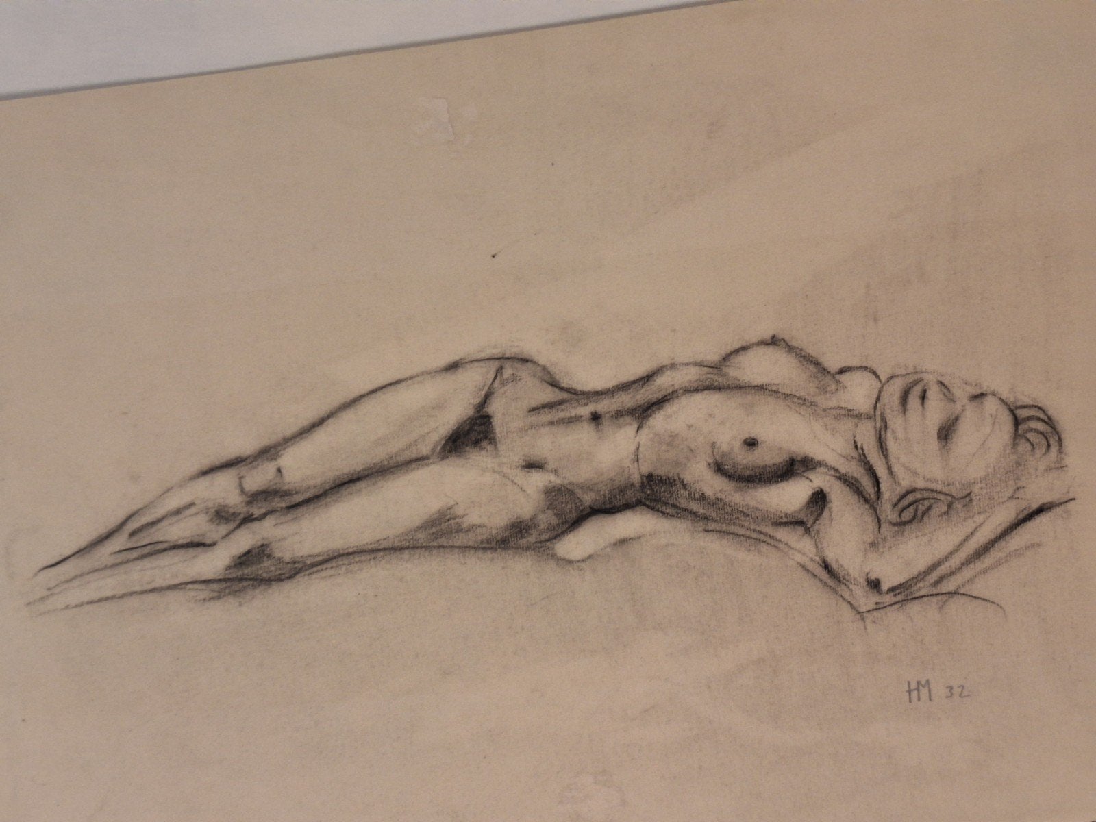 Tekening liggend naakt door H.J. Marches, Ophalen of Verzenden, Tekening, Potloodtekening, Origineel