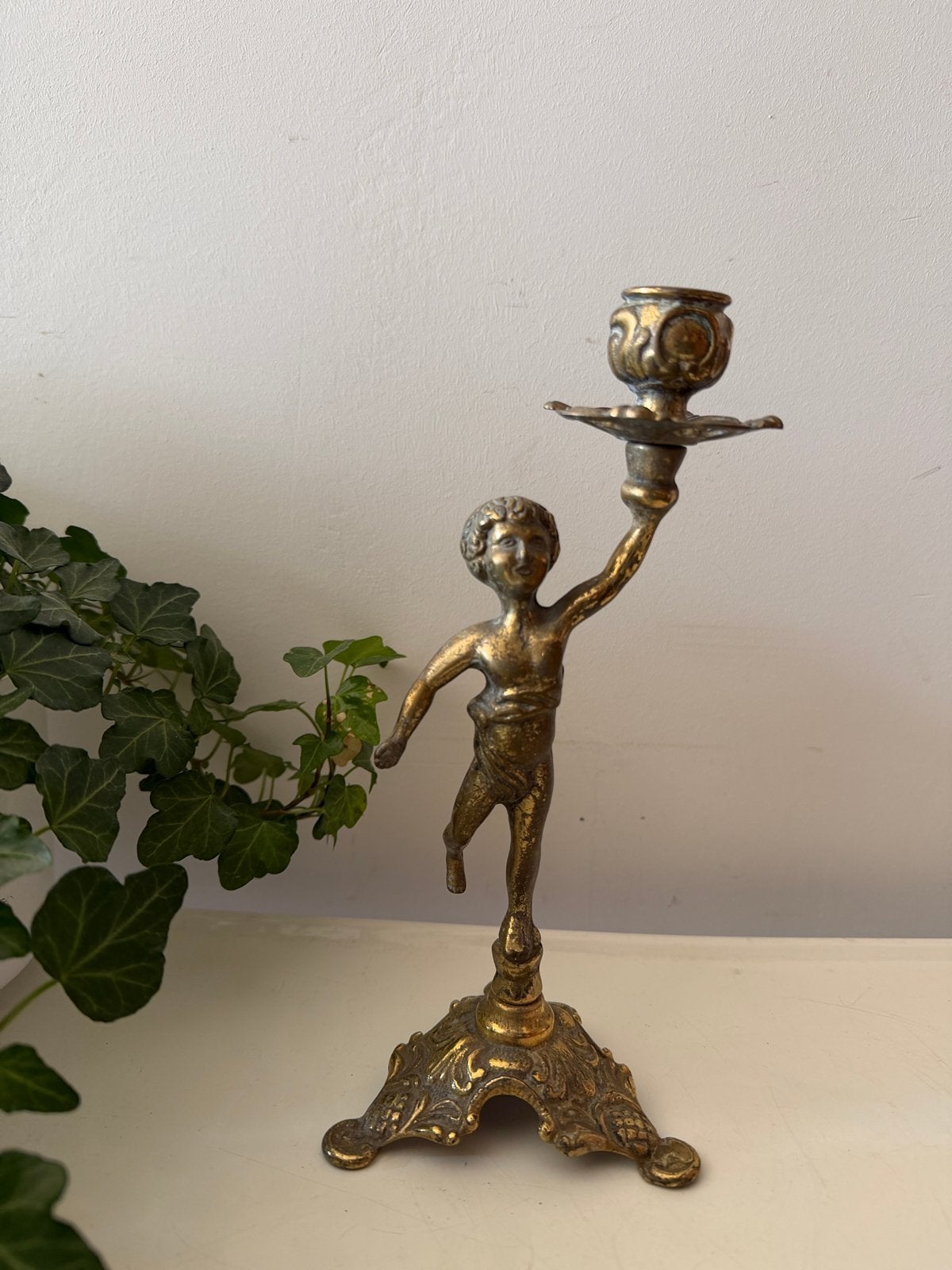 Messing kandelaar met engel, Ophalen of Verzenden, Koper of Brons