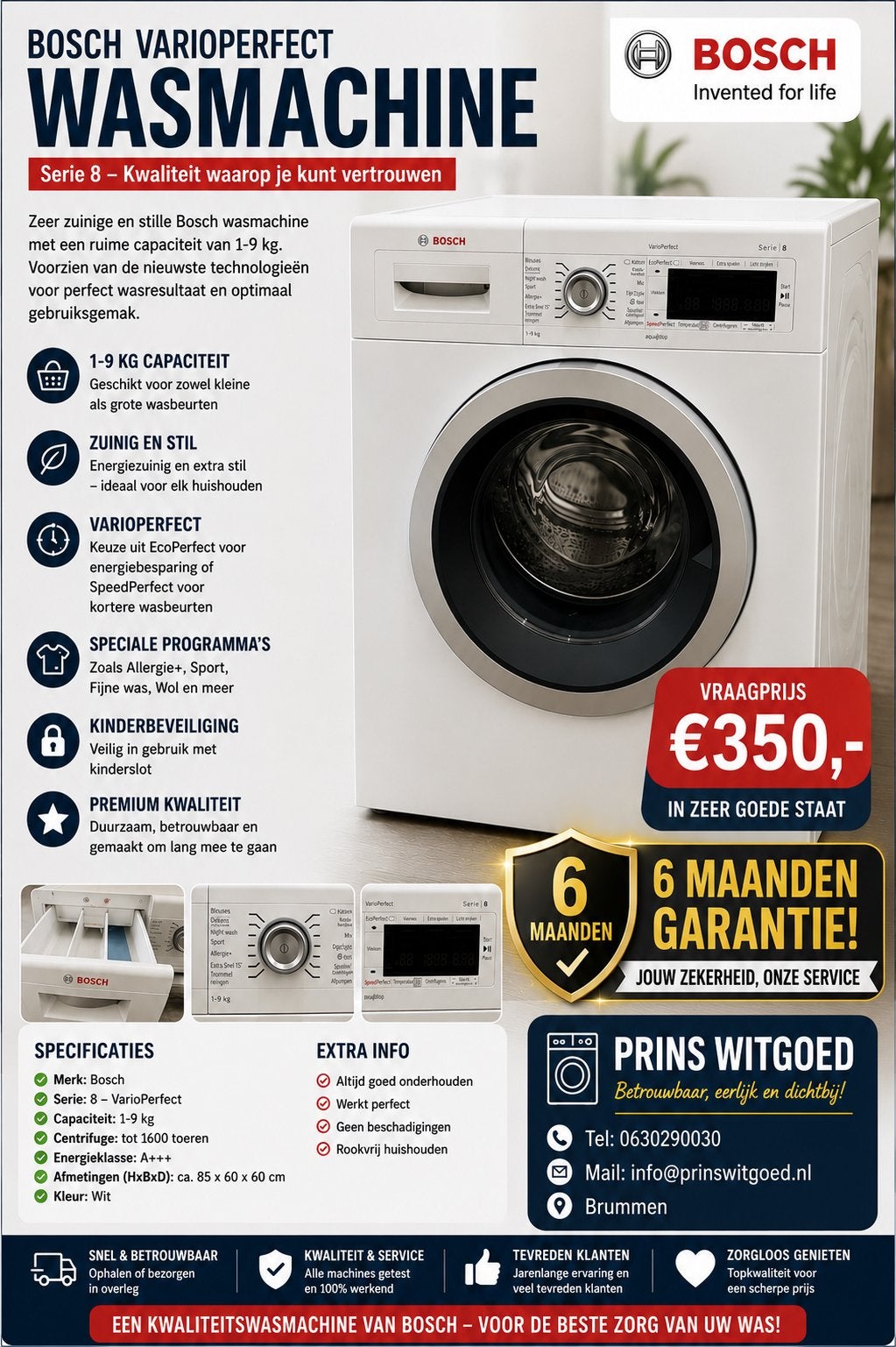 Bosch serie 8 9kg wasmachine met 6mnd garantie, Ophalen, 8 tot 10 kg, 85 tot 90 cm, 1600 toeren of meer