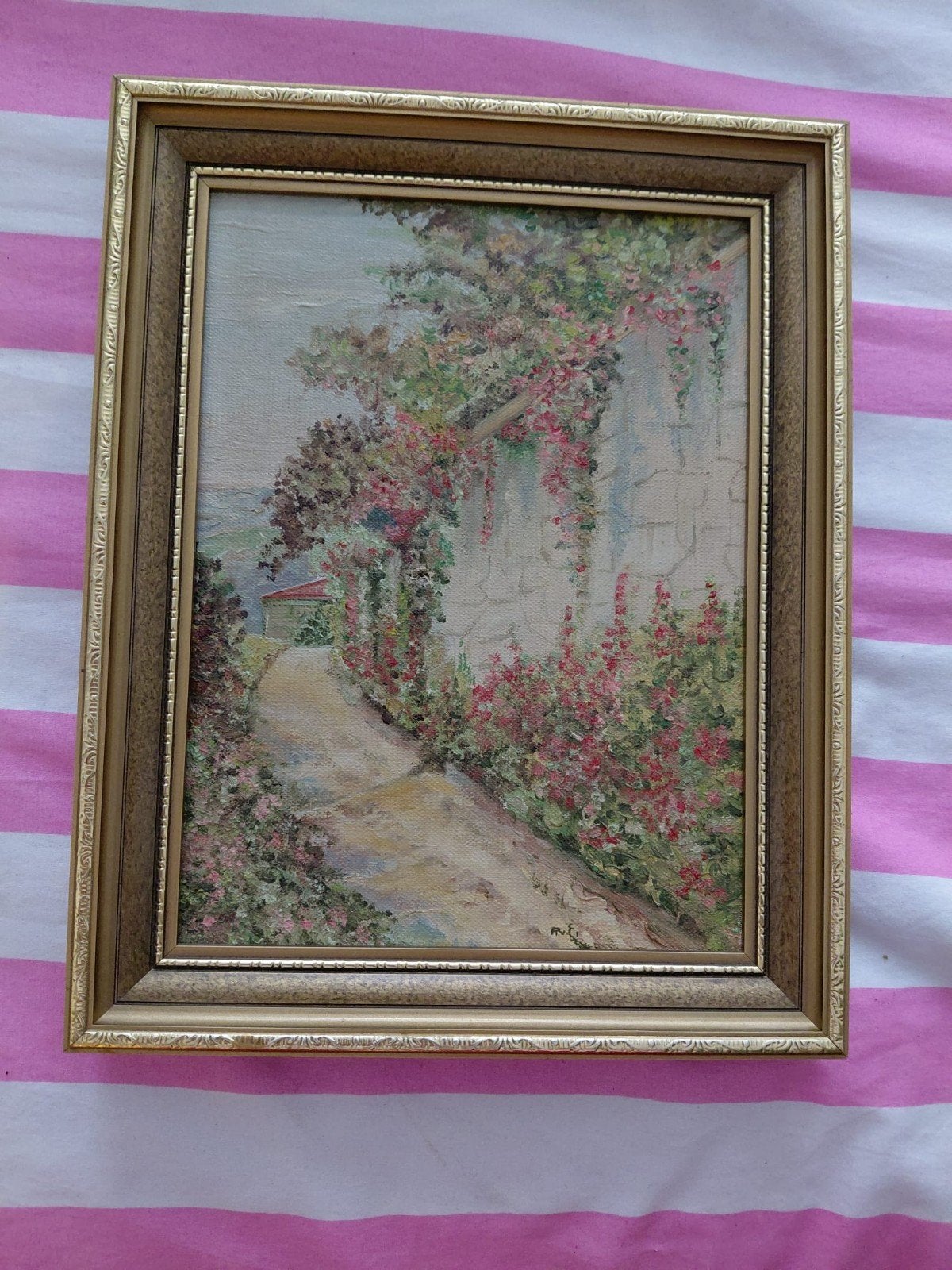 Schilderij: Mediterrane tuin met bloeiende planten, Ophalen of Verzenden