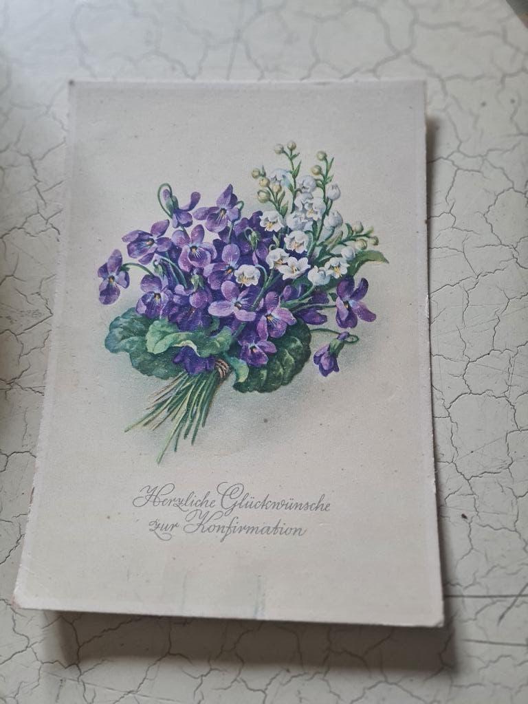 Vintage gelopen kaart met viooltjes, Ophalen of Verzenden, 1940 tot 1960, Gelopen, Natuur