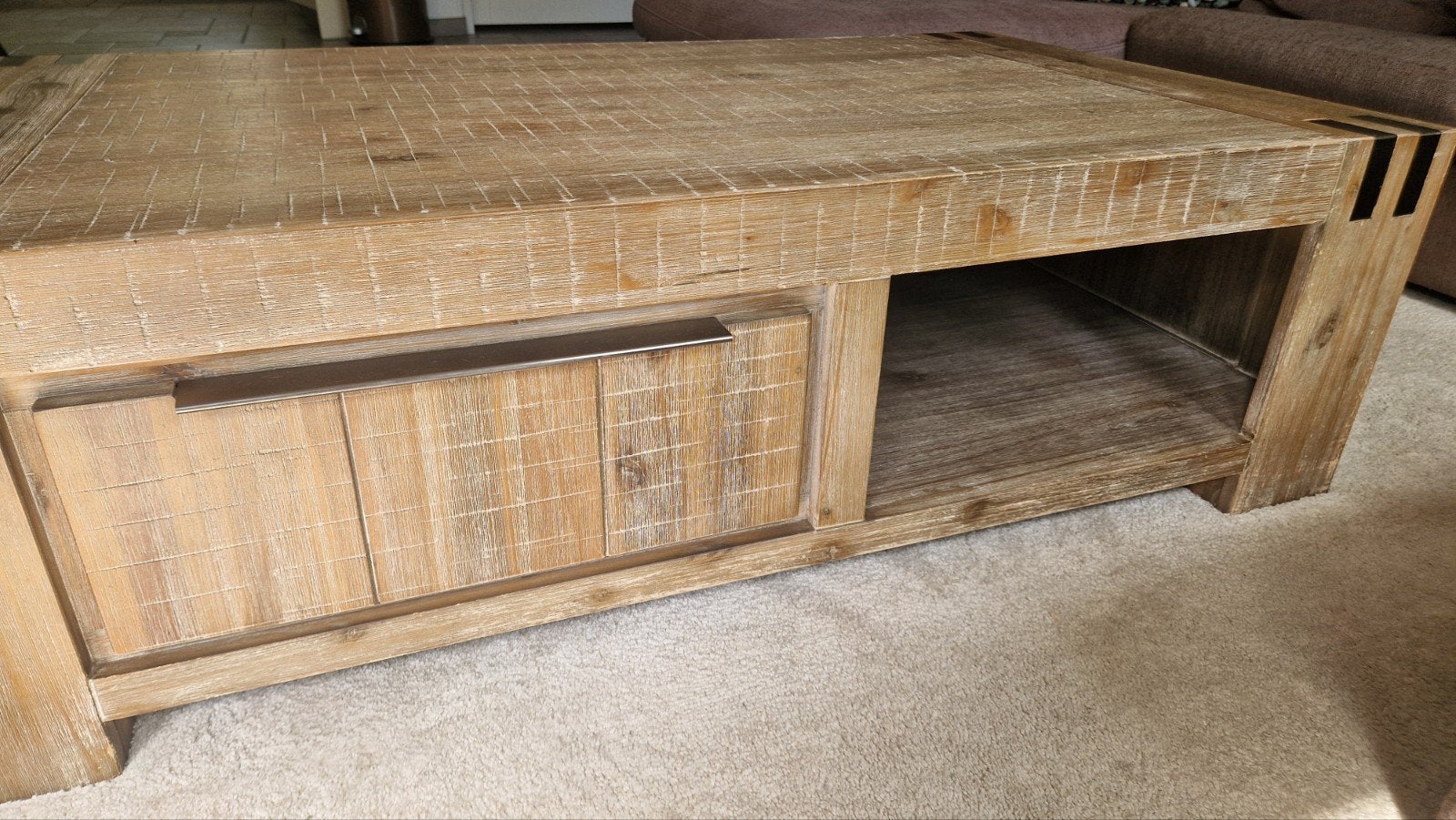 Robuuste houten salontafel met opbergruimte, Ophalen, Gebruikt, 100 tot 150 cm, 50 tot 100 cm