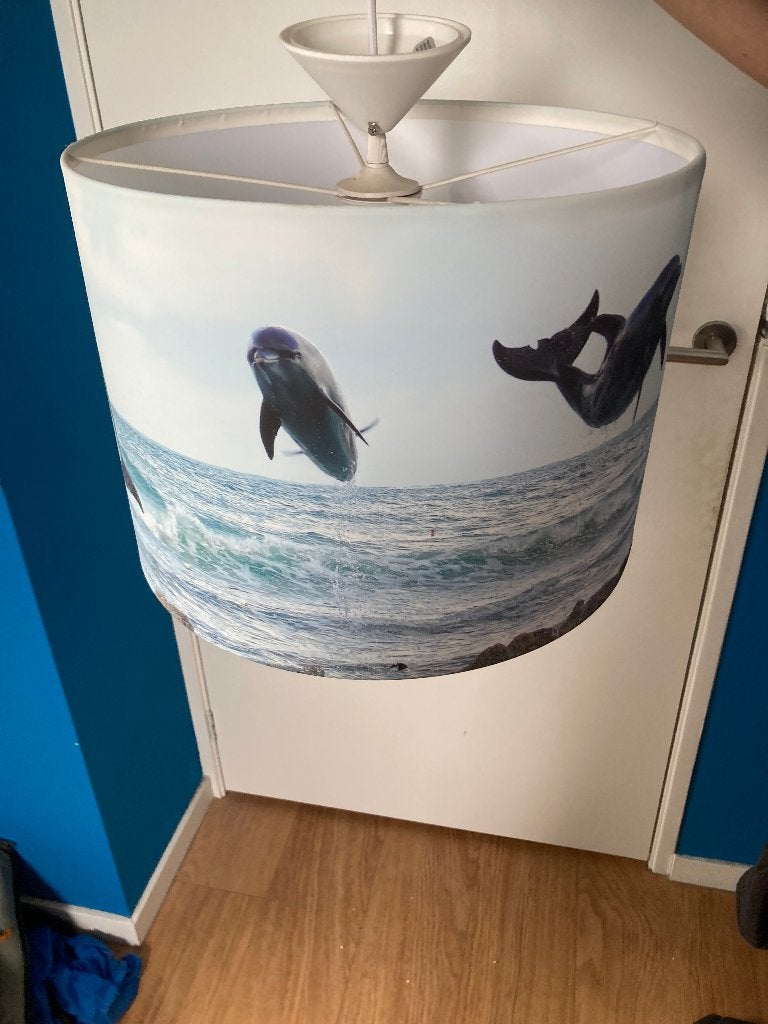 Lampenkap met fitting. Motief: dolfijnen (30x40x40), Hanglamp, Blauw, Rond, 30 cm