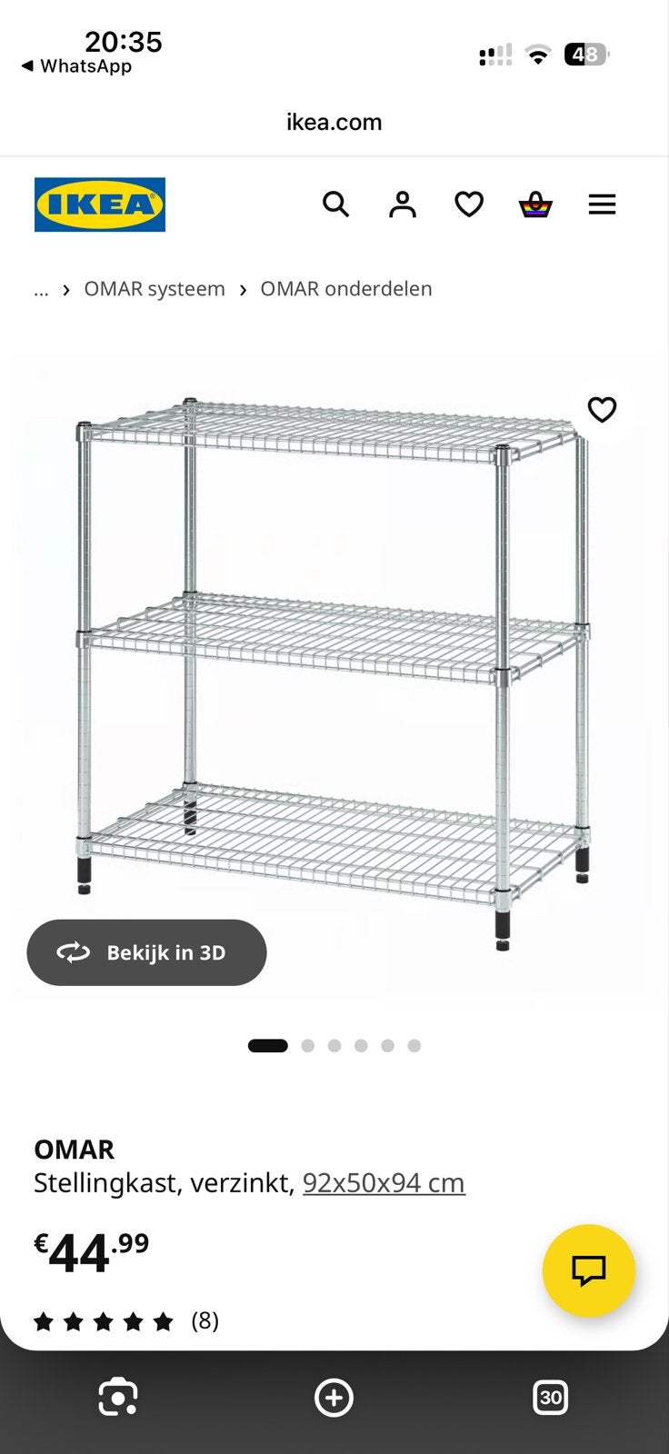 IKEA OMAR Stellingkast, verzinkt, 92x50x94 cm, Ophalen of Verzenden, Zo goed als nieuw