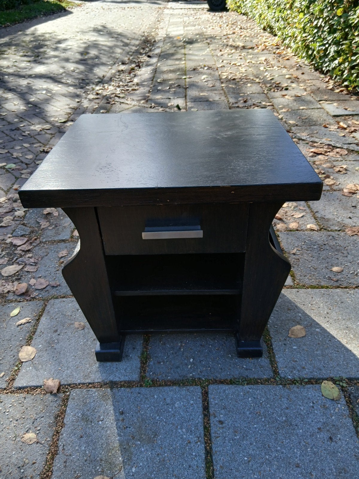 Zwart houten bijzettafel met lade en opbergruimte, Huis en Inrichting, Minder dan 55 cm, Gebruikt, Klassiek, Vierkant