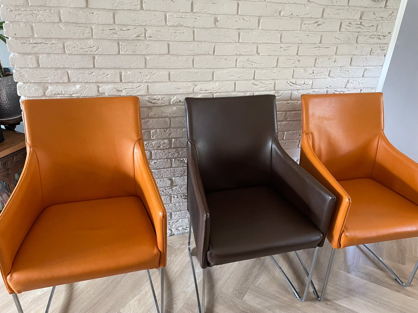 5 Eetkamer stoelen  leer, Gebruikt, Bruin, Leer, Ophalen of Verzenden