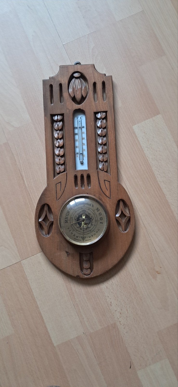 Antiek Houten Weerstation met Barometer en Thermometer, Audio, Tv en Foto, Weerstations en Barometers, Ophalen of Verzenden, Gebruikt