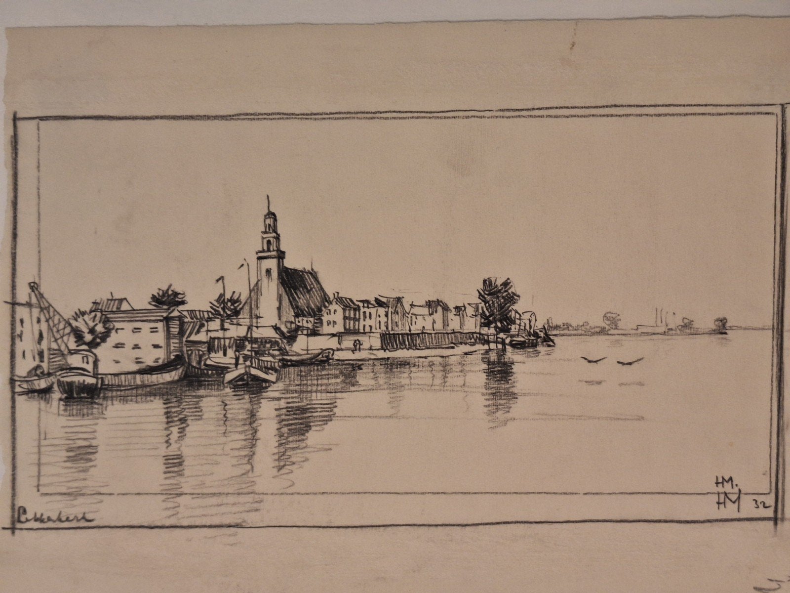 Tekening Lekkerkerk door H.J. Marches (1932), Antiek en Kunst, Ophalen of Verzenden, Tekening, Pentekening, Gesigneerd