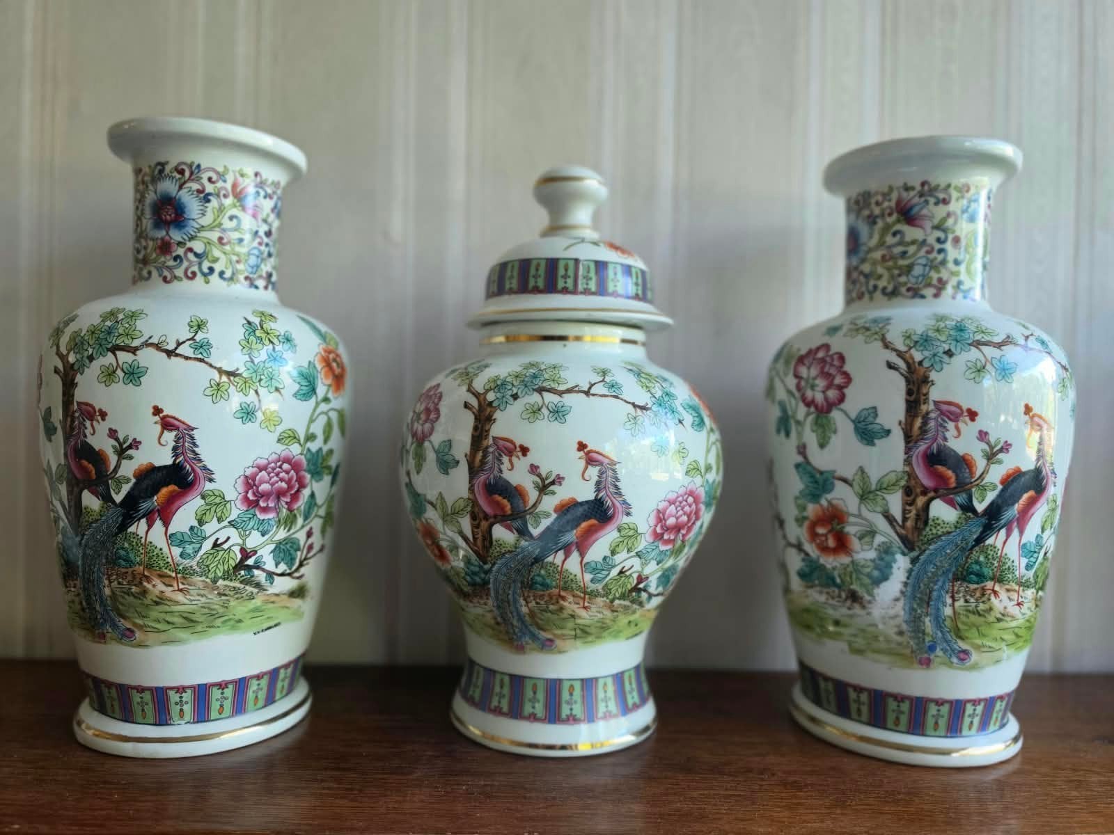 Set van 3 Chinese vazen met pauwen en bloemmotief, Ophalen