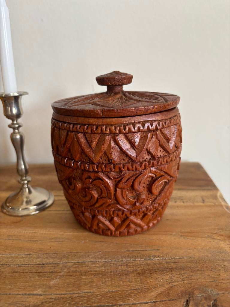 Vintage houtgesneden pot met 7 onderzetters, Ophalen of Verzenden