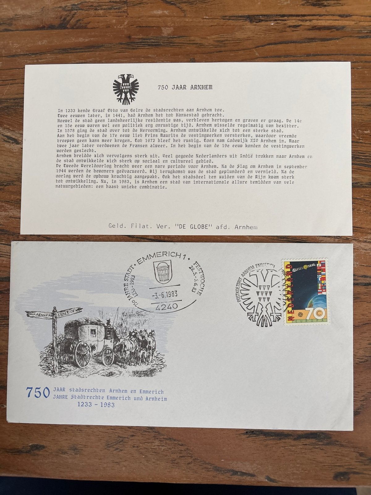750 Jaar Stadsrechten Arnhem en Emmerich Eerste Dag Envelop, Ophalen of Verzenden, Beschreven, Nederland