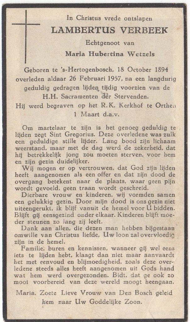 Lambertus Verbeek 1894 Den Bosch + 1957 aldaar, 62 jaar, Verzamelen, Verzenden