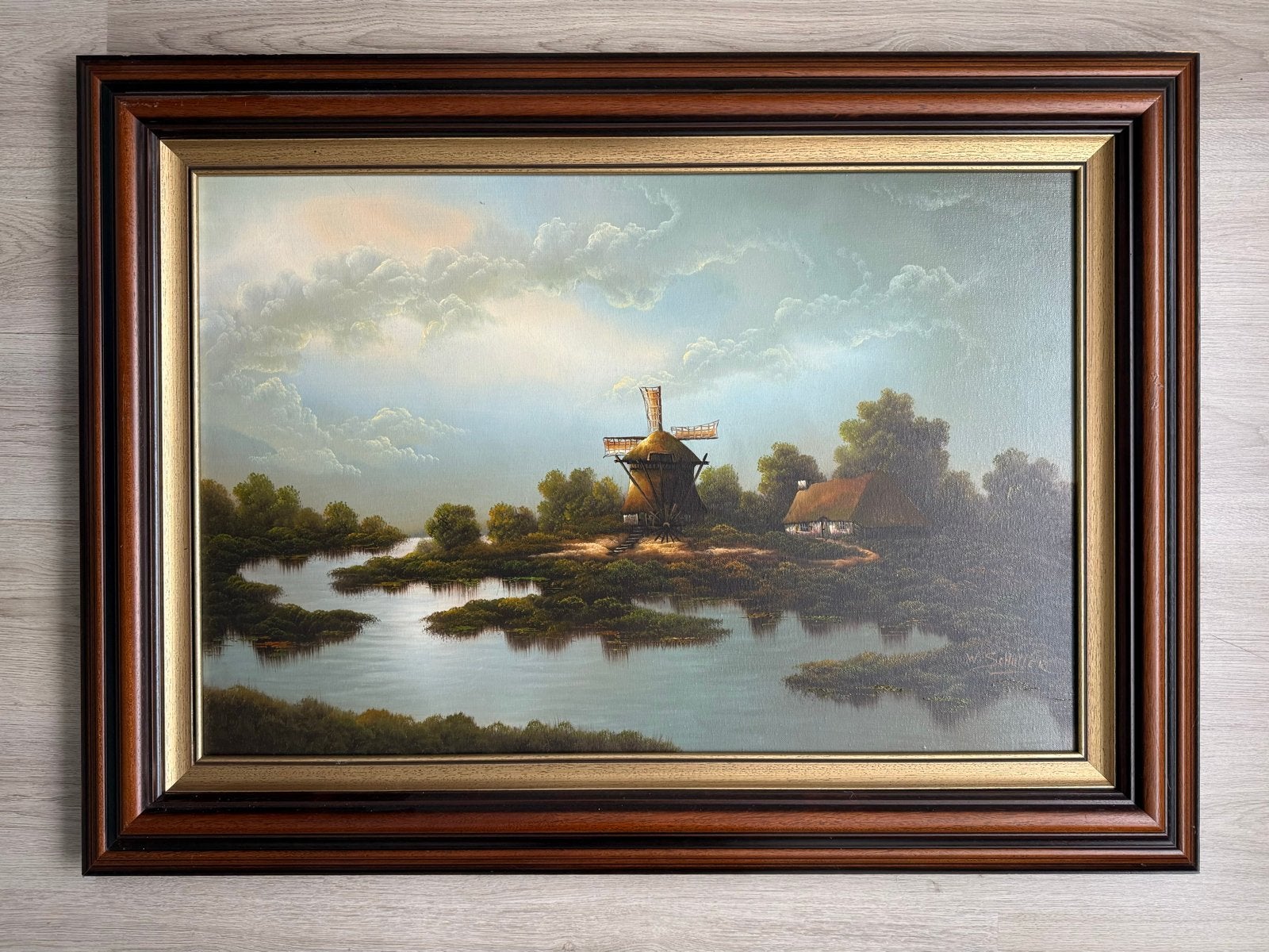Schilderij Walter Schuller - Molen aan het water, gesigneerd, Ophalen, Doek, Gesigneerd, Landschap