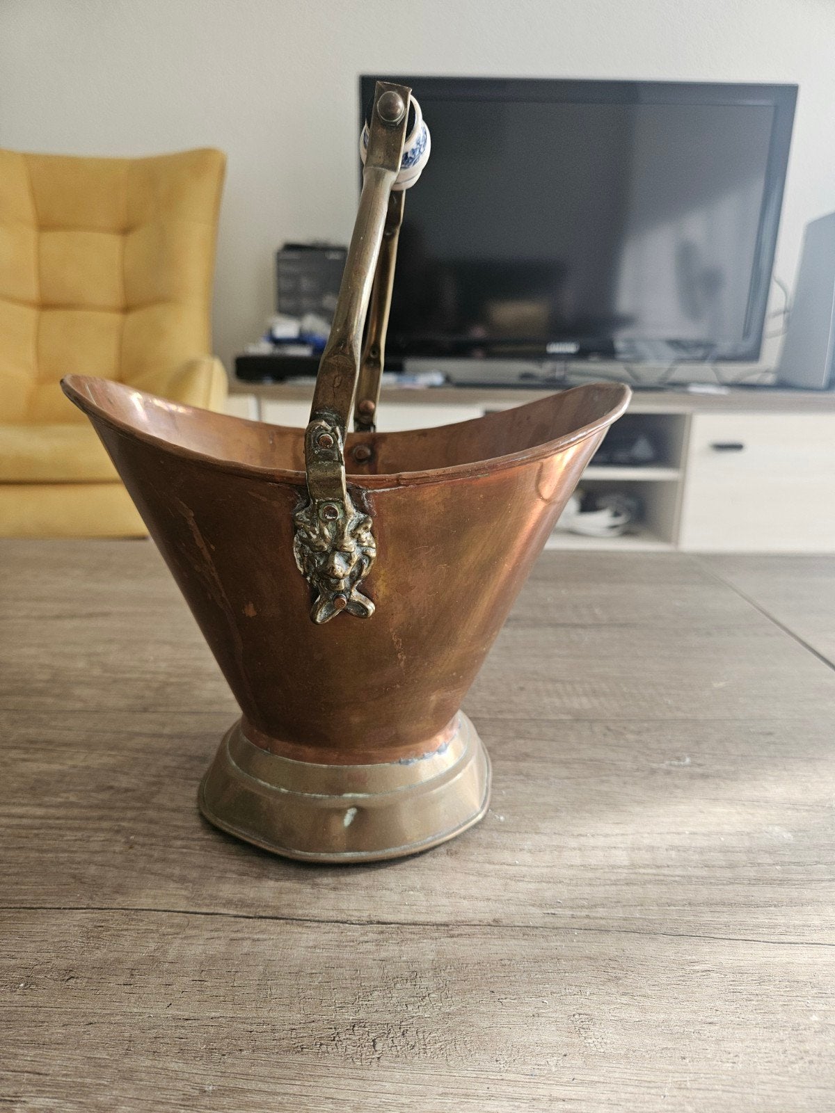 Antieke Koperen Kolenkit met Porseleinen Handvat, Ophalen of Verzenden
