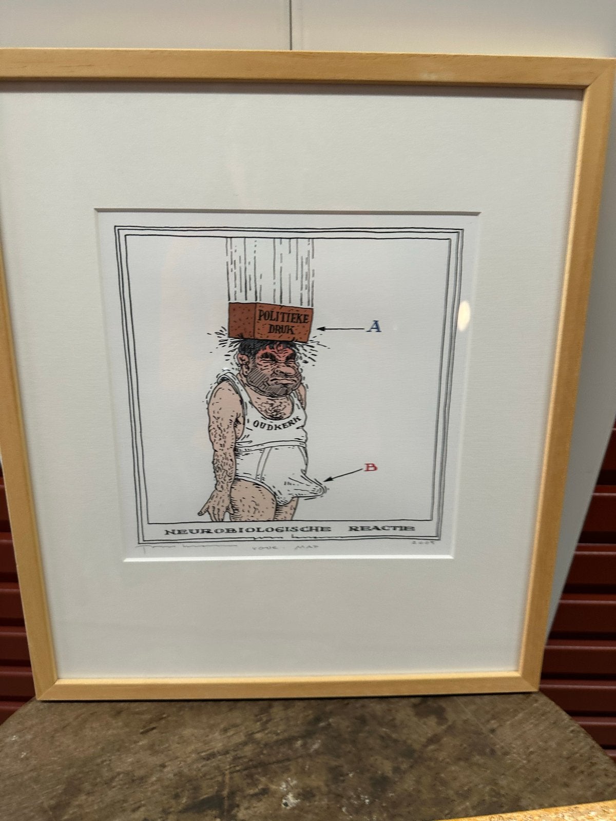 Politieke tekening 'Neurobiologische Reactie' door Joep Bert, Antiek en Kunst, Ophalen of Verzenden, Tekening, Pentekening, Gesigneerd
