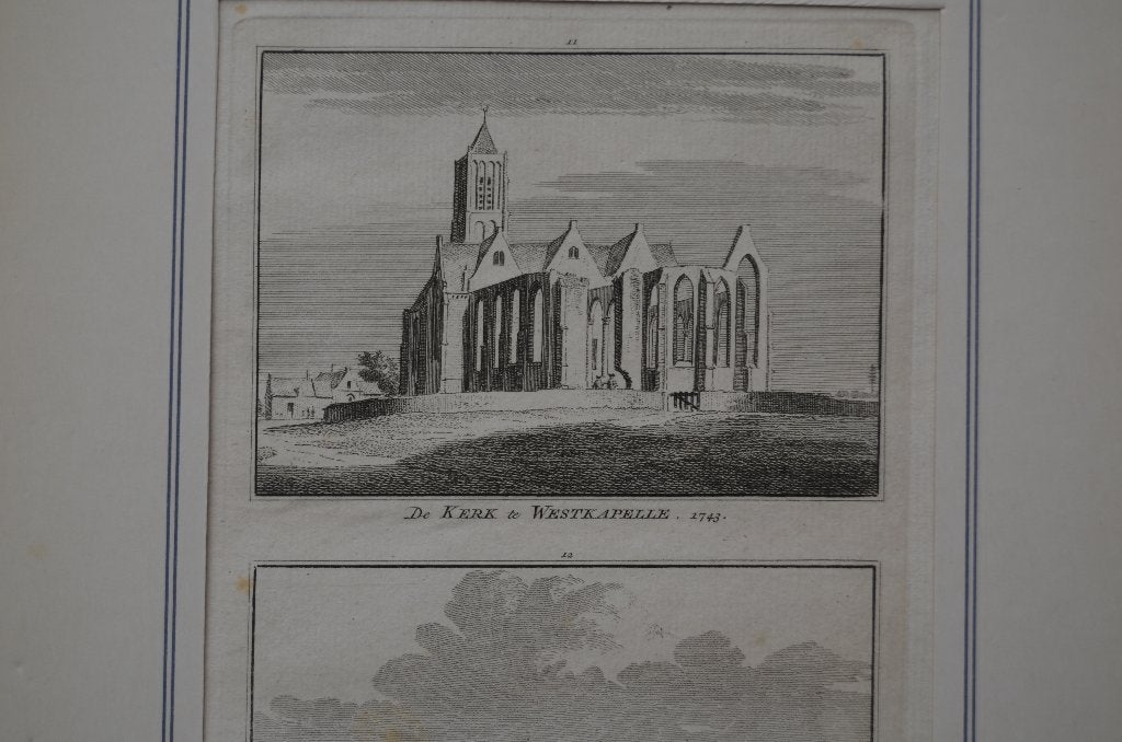 Klein dubbeletsje Westkapelle/Domburg 1743, 25 cm, Ets, Stadsgezicht, Ophalen of Verzenden
