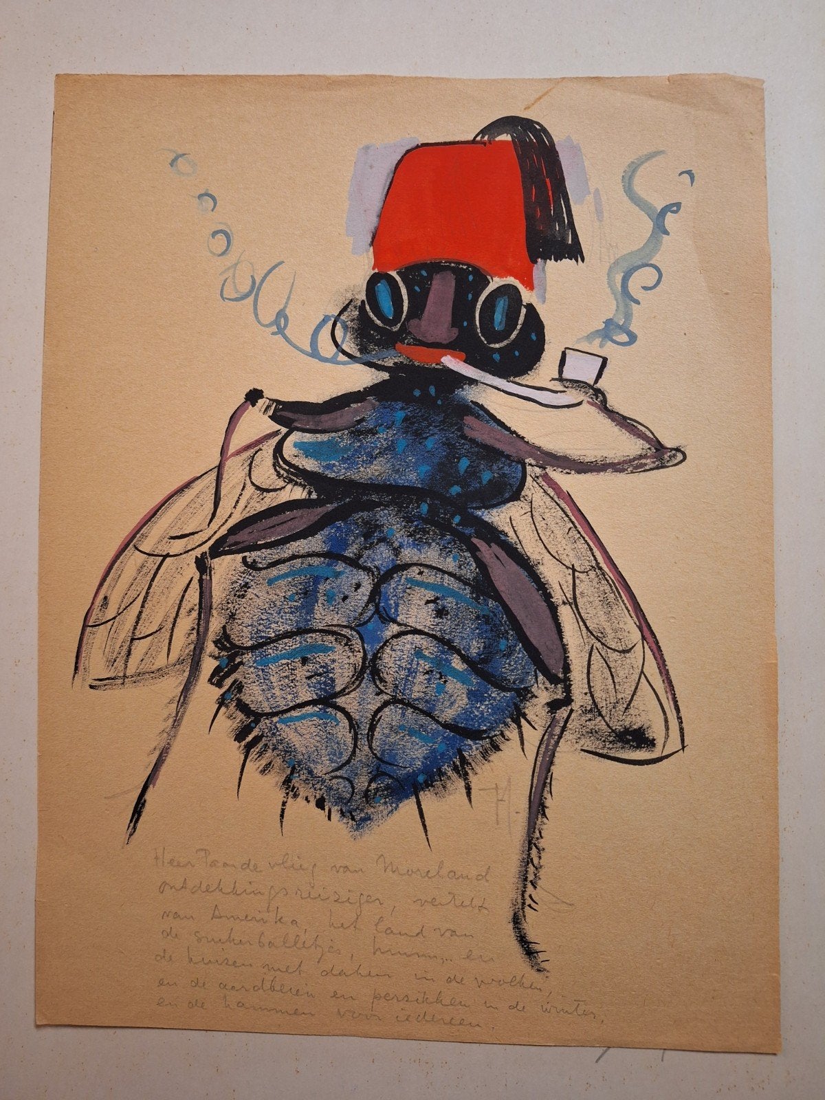 Gesigneerde tekening 'Paardevlieg' door TH /  Hoytema?, Antiek en Kunst, Ophalen of Verzenden, Tekening, Gesigneerd