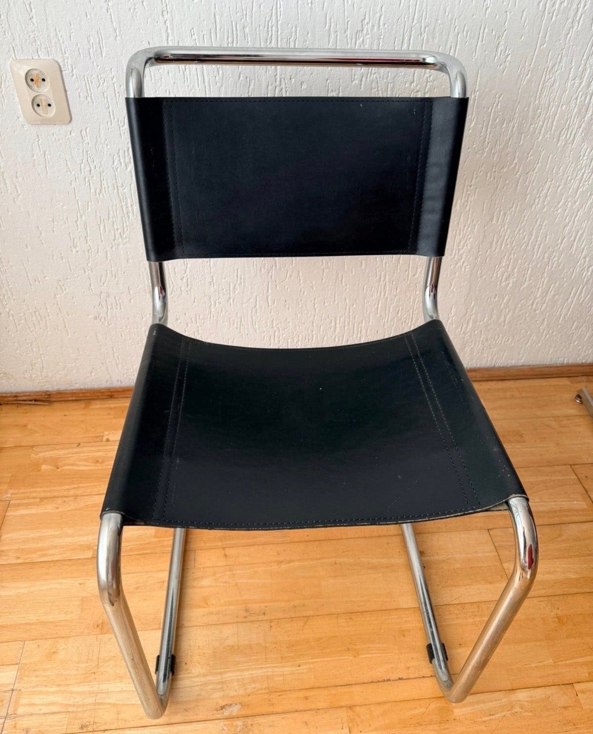 Zwarte leren stoel met chromen frame - S33 kloon, Ophalen, Gebruikt, Zwart, Leer
