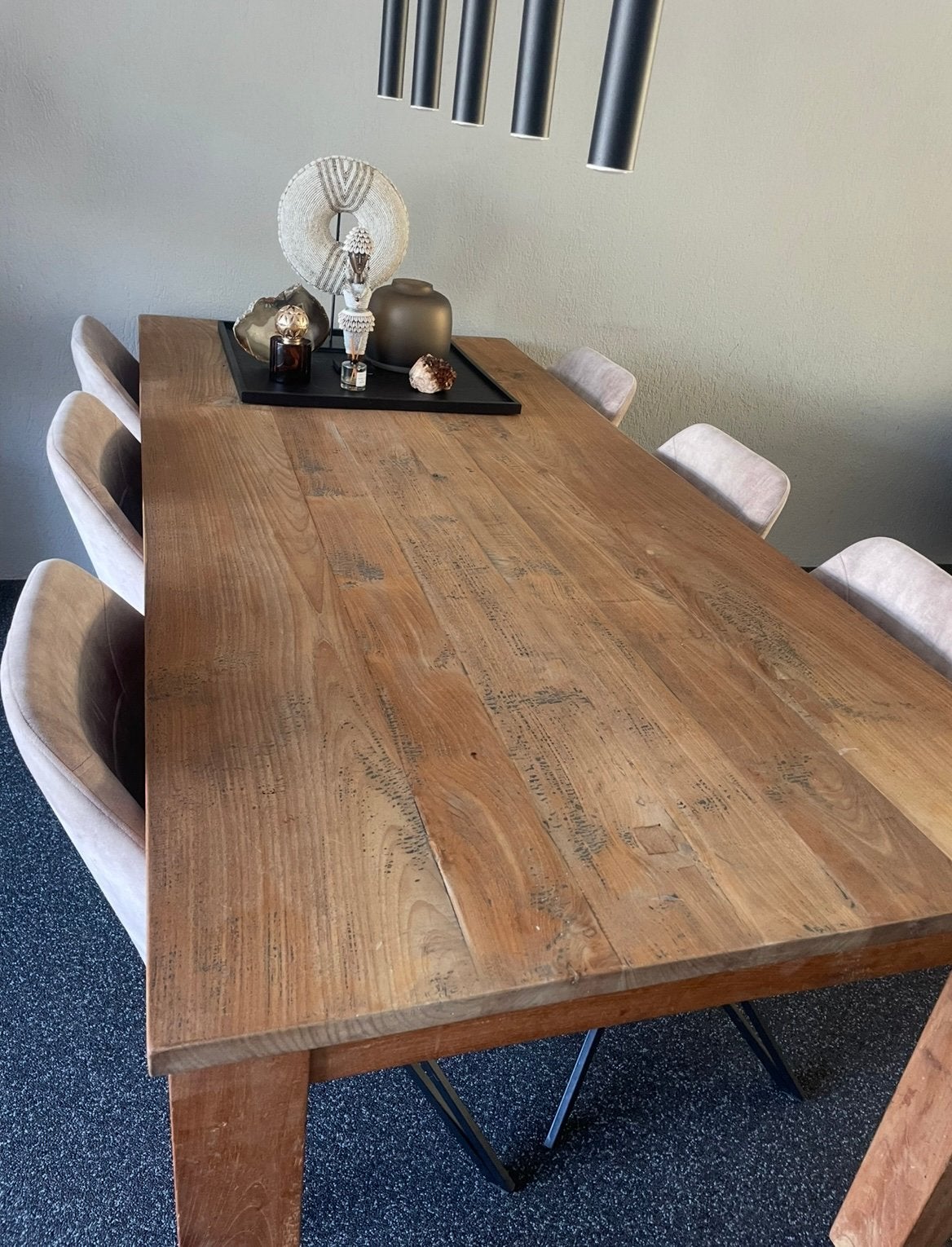 Teakhouten eettafel eventueel met 8 stoelen., Huis en Inrichting, Ophalen, Gebruikt, 200 cm of meer, 50 tot 100 cm