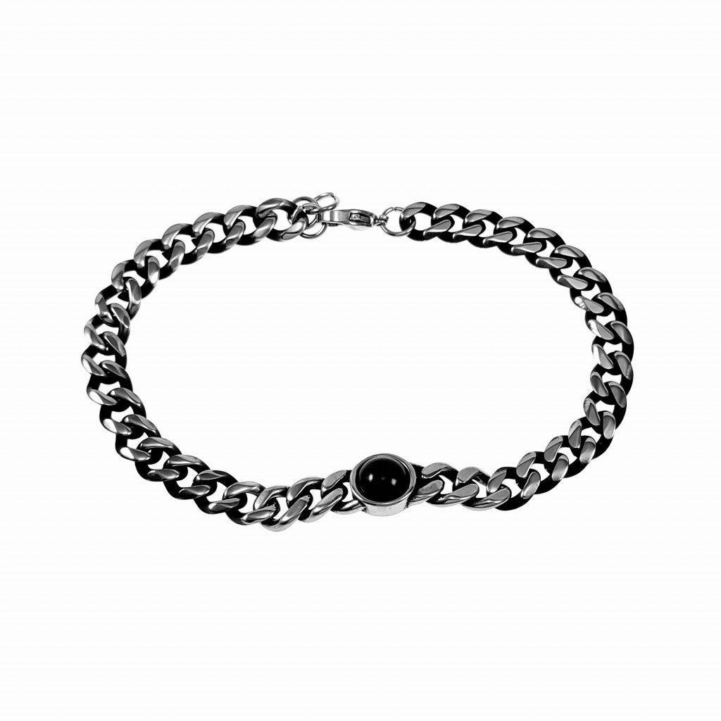 Cubaanse Armband + Onyx Steen Unisex Verouderd Staal Schakel, Staal, Birgitta-Gracht 33, 6465 EL Kerkrade, Nederland, Verzenden