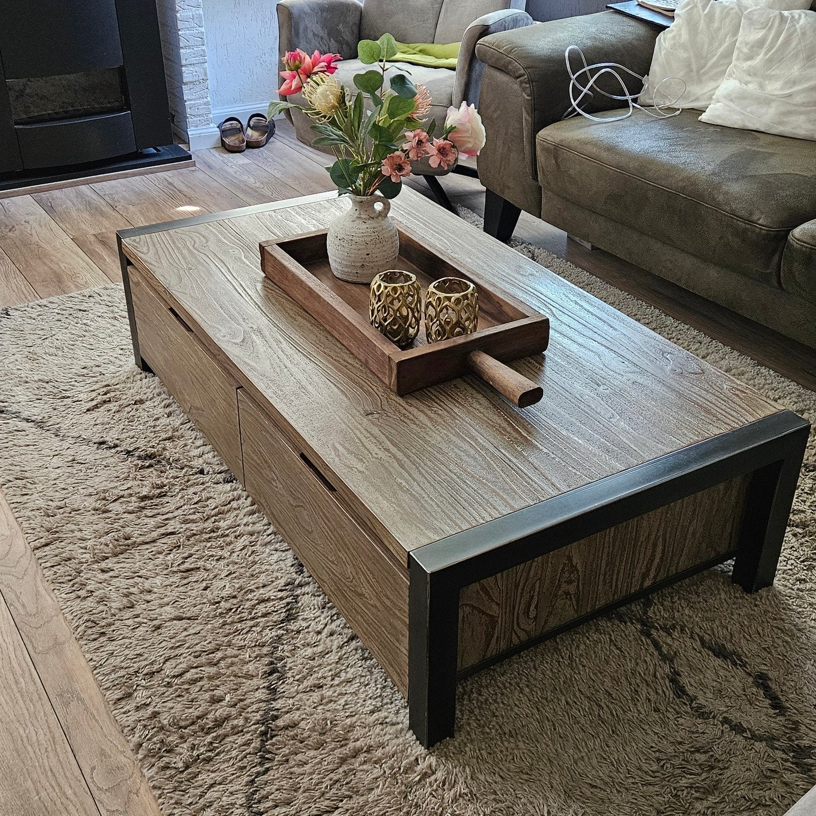 Industriele Salontafel met lades, Ophalen, 100 tot 150 cm, 50 tot 100 cm, Zo goed als nieuw