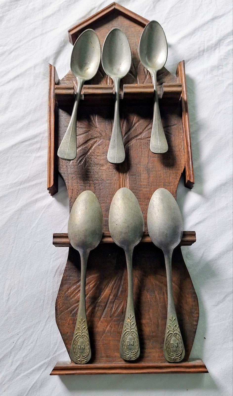 Antieke lepels op houten rekje - Set van 6, Antiek en Kunst, Ophalen of Verzenden
