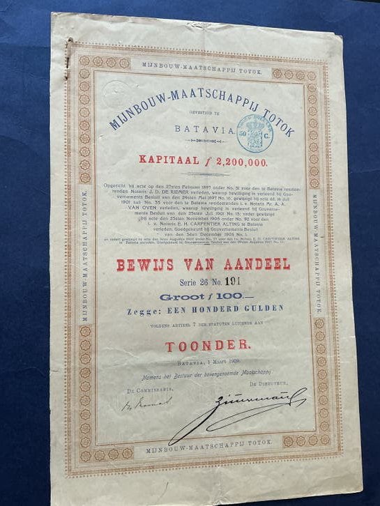 Historisch Aandeel Mijn-Maatschappij Totok - 1909, Verzenden, Voor 1920, Aandeel