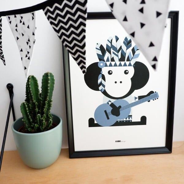 Kinderposter Poster Indiaan Aap Blauw A3 ANNIdesign, Verzamelen, Posters, Nieuw, Overige onderwerpen, A1 t/m A3, Rechthoekig Staand