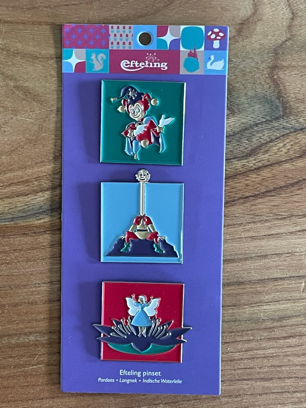 Efteling pinset: Pardoes, Langnek, Indische Waterlelie, Verzamelen, Efteling, Ophalen of Verzenden, Nieuw, Button of Speldje