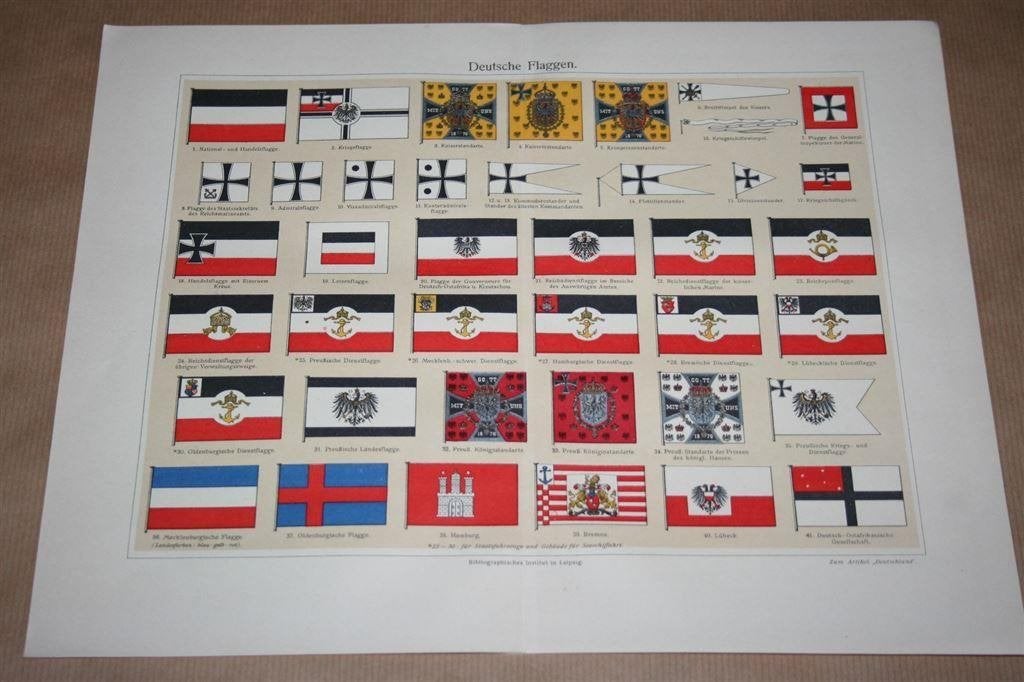 Antieke kleurenlitho - Vlaggen van Duitsland - Ca 1900 !!, Antiek en Kunst, Ophalen of Verzenden