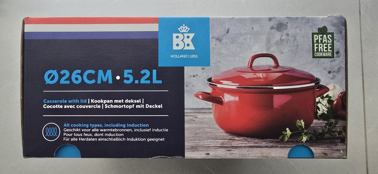 BK Kookpan met deksel - 26cm, 5.2L - Rood geëmailleerd, Geschikt voor inductie, BK, Nieuw, Ophalen of Verzenden