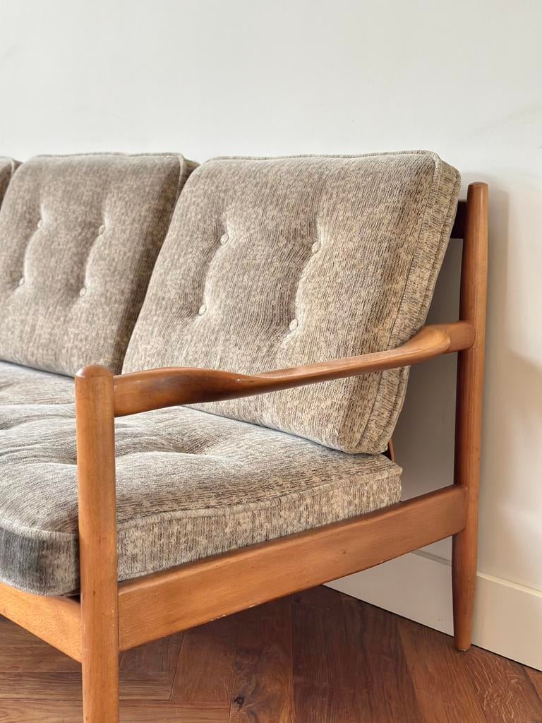 Vintage bank 3-zitter Deens design hout stof jaren 50/60/70, Ophalen, Gebruikt, 150 tot 200 cm, Vintage