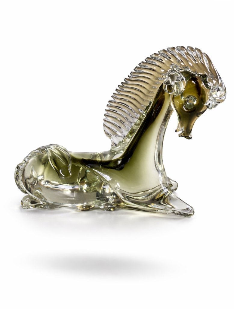 Murano glazen liggend paard olijf khaki, Antiek en Kunst, Antiek | Glas en Kristal, Ophalen of Verzenden
