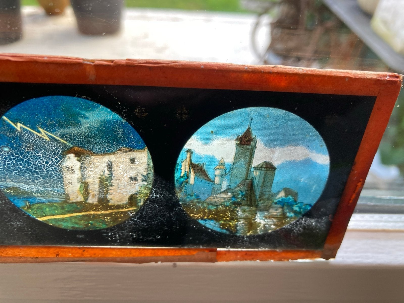 Antieke toverlantaarnplaatjes met kastelen en bruggen, Antiek en Kunst, Ophalen of Verzenden
