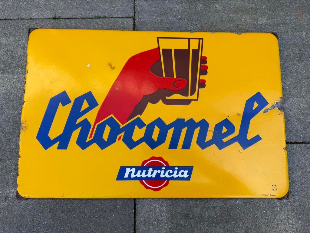 Chocomel emaille reclamebord, Reclamebord, Gebruikt, I, Ophalen of Verzenden
