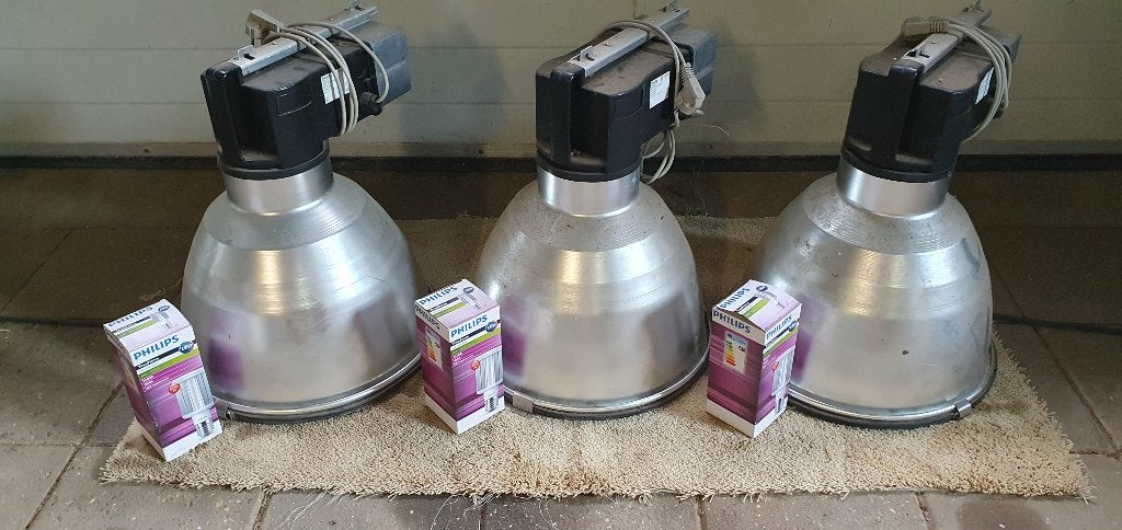 Vintage Philips industrie lampen 3 stuks incl LED lamp E40, Ophalen, Gebruikt, Glas, E40