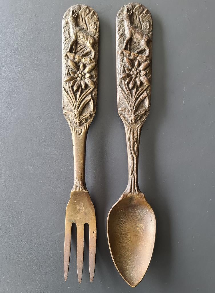 vintage bronzen bestek vork lepel 27 cm lang brons Frankrijk, Ophalen of Verzenden, Brons