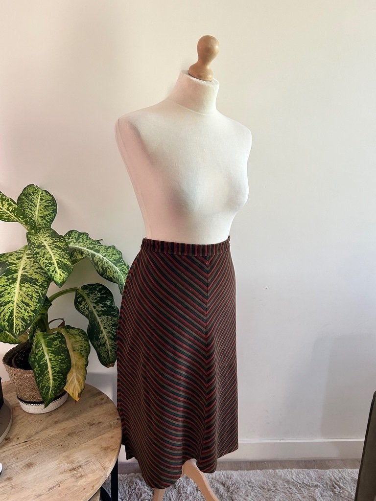 King Louie maat L gestreepte velvet midi rok 3437, Kleding | Dames, Bruin, Maat 42/44 (L), Ophalen of Verzenden, Zo goed als nieuw
