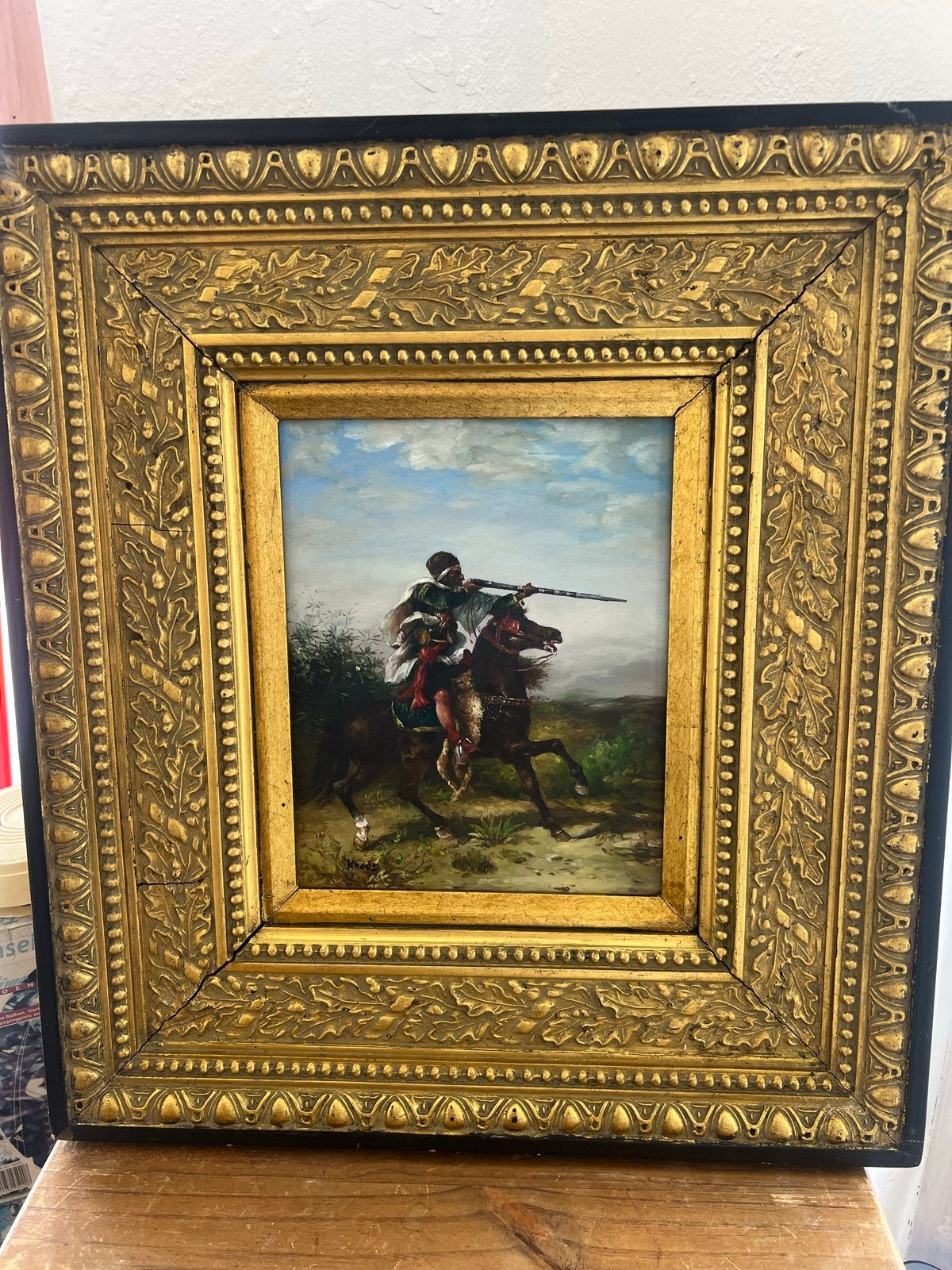 Ludwig Knaus - Jager te paard op massief houten paneel, Ophalen, Paneel, Portret of Personen, Olieverf