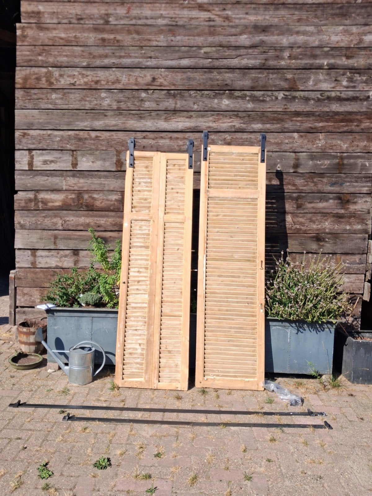2x Louvredeuren met ophangsysteem en rails, Ophalen, Gebruikt, Minder dan 80 cm, 215 cm of meer