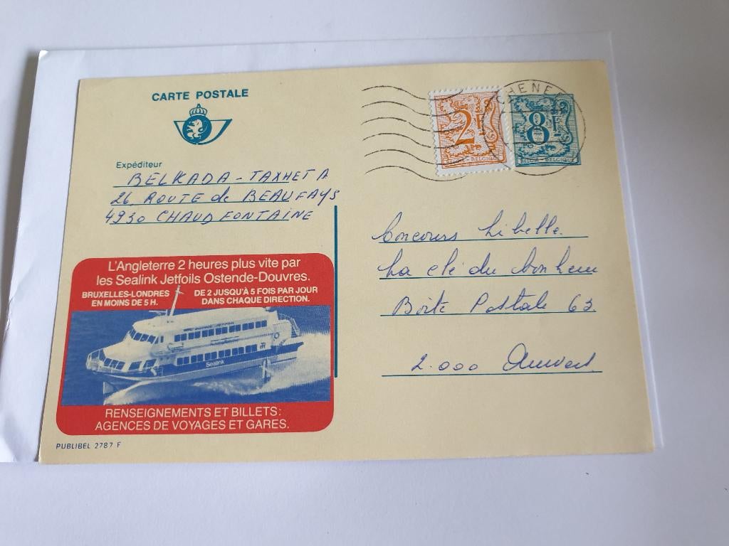 2569 belgie briefkaart met reclame oostende-dover boot, Verzenden