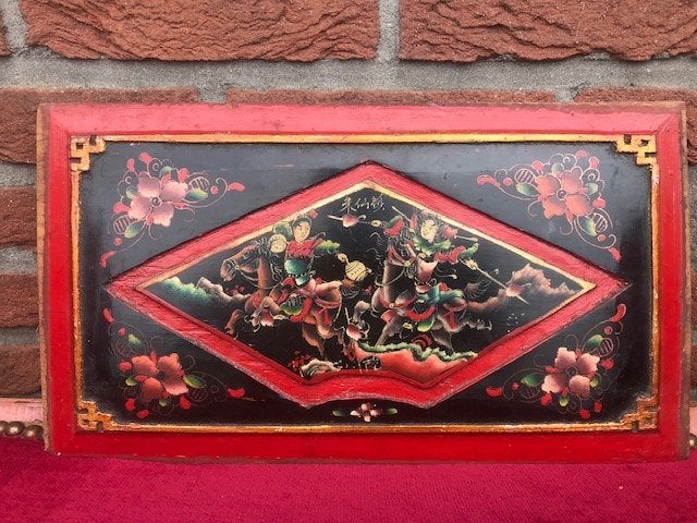 antiek Chinees paneel, strijders te paard, Antiek en Kunst, Kunst | Niet-Westerse kunst, China, Geschilderd, Gesneden, Handgemaakt