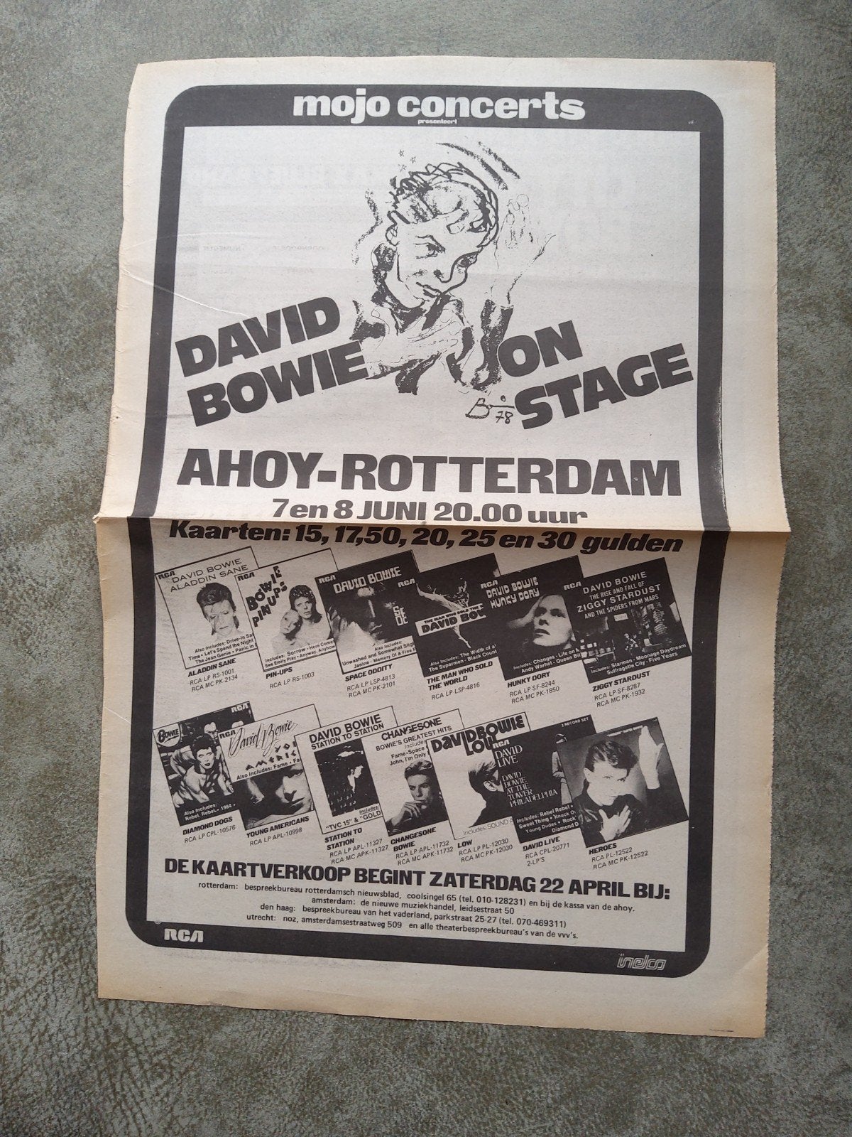 Bowie: On stage Ahoy Rotterdam  7-8 juni  a3 formaat, Ophalen of Verzenden, Zo goed als nieuw, Foto of Kaart