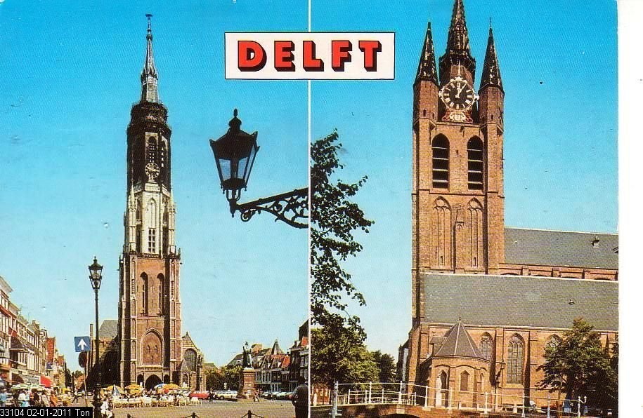 Ansichtkaart 	Delft	Nieuwe Kerk	& Oude Kerk	2-luik, Verzenden, 1980 tot heden, Gelopen, Zuid-Holland