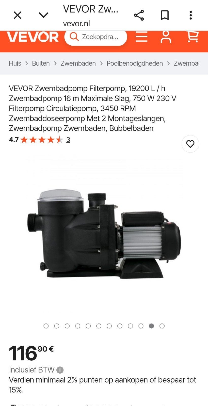 Vevor Zwembadpomp 19200L/u, 16m opvoerhoogte, 750W, Ophalen of Verzenden