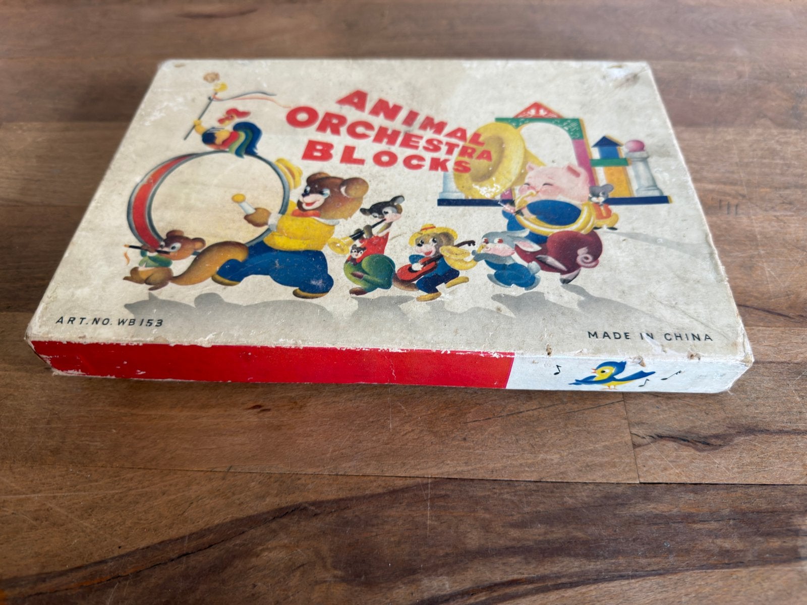 Vintage Animal Orchestra Blocks houten blokkenpuzzel doos, Ophalen, 10 tot 50 stukjes, Zo goed als nieuw