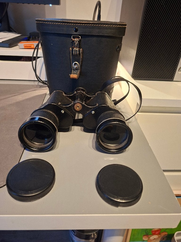 Vintage verrekijker 10x50 met leren tas, Gebruikt, Overige typen, Ophalen of Verzenden, 8 tot 12x